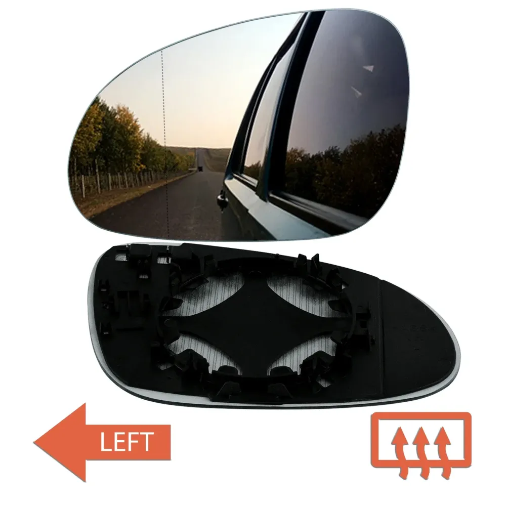 VW Passat B6 Left Heated Convex Door Mirror Glass, Premium Replacement