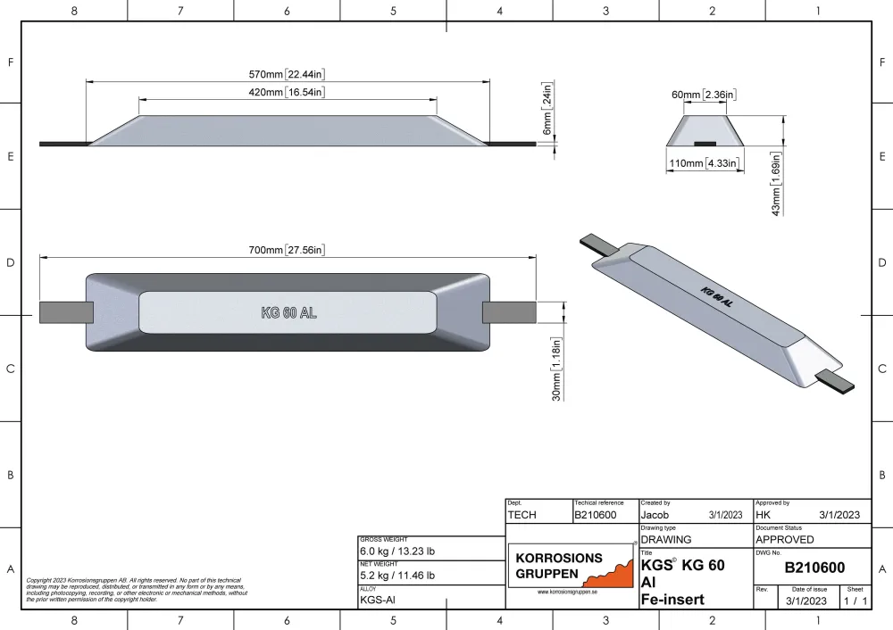 Aluminiumanode Type 60 - 570 * 110 * 43