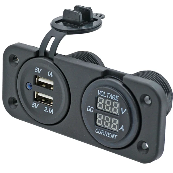 1852, Dobbeltpanel med USB-kontakt 5V, 1A og 2,1A og volt/amperemeter 0-10A