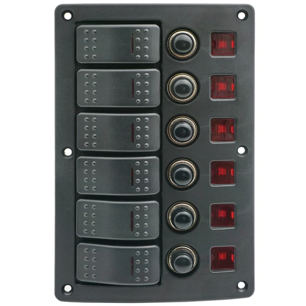 1852, Elektrisk panel 6 brytere med automatsikring 12V-20 Amp/24V-10 Amp, IP65, 120 mm