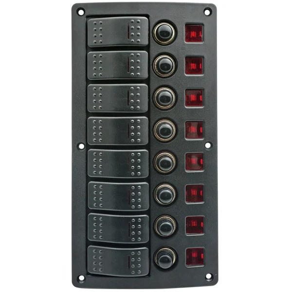 1852, Elektrisk panel med 8 brytere og automatsikring, 12V-20 Amp / 24V-10 Amp, IP65, 235 mm