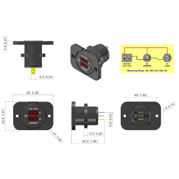 1852, Panel med volt/amperemeter 6-30 Vdc - 0-10 Amp