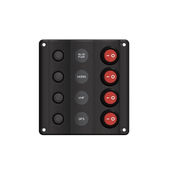 Wave elektrisk panel 4 brytere m/LED og automatisk sikring 12V, 2x5A, 1x10A, 1x15A