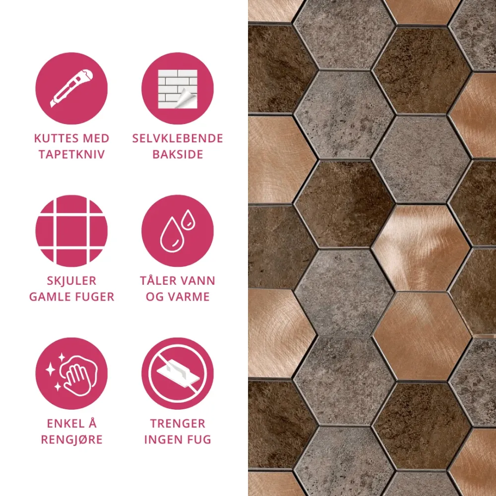 10-pk Bente hexagon selvklebende veggfliser