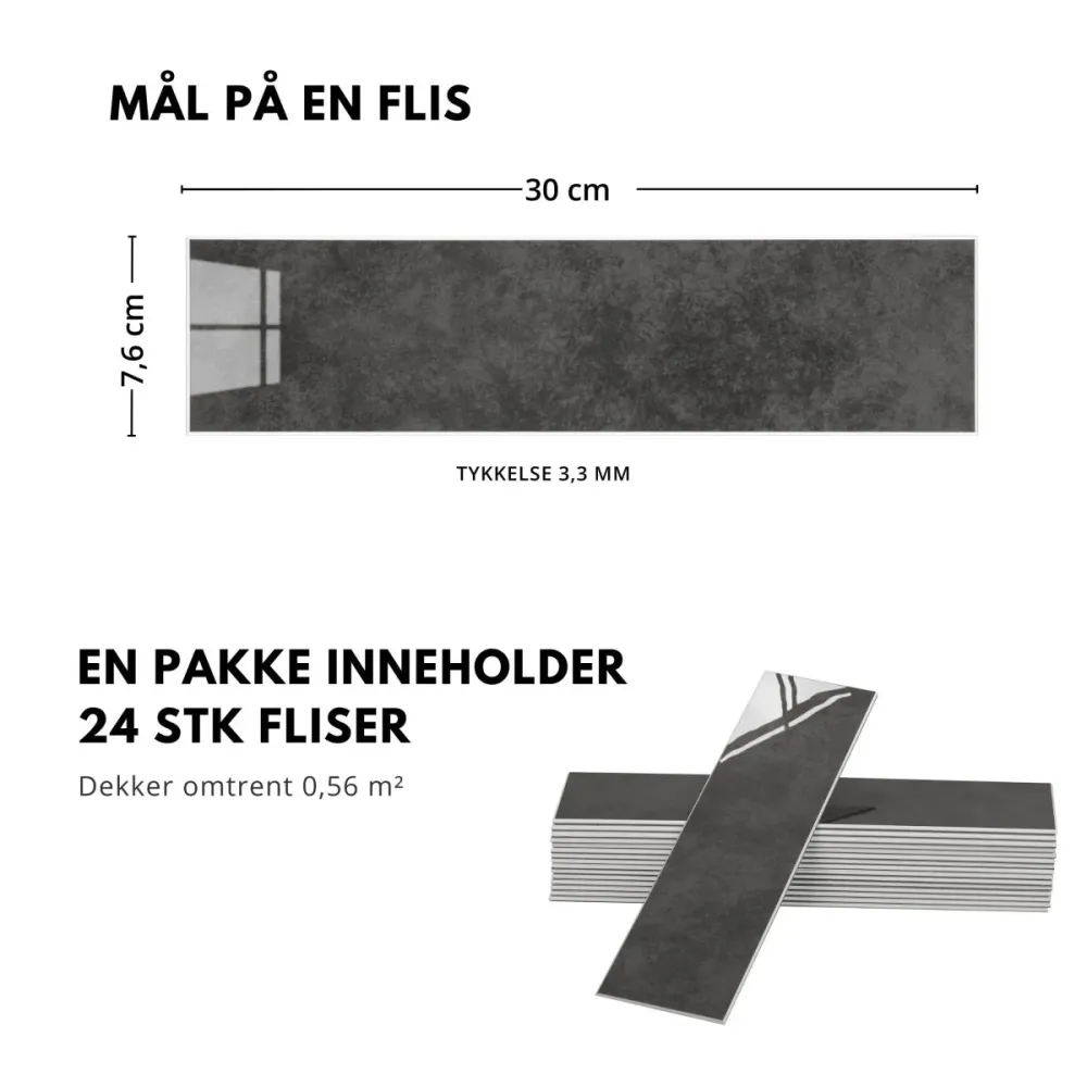 24-pk Louise gloss antrasitt selvklebende veggfliser