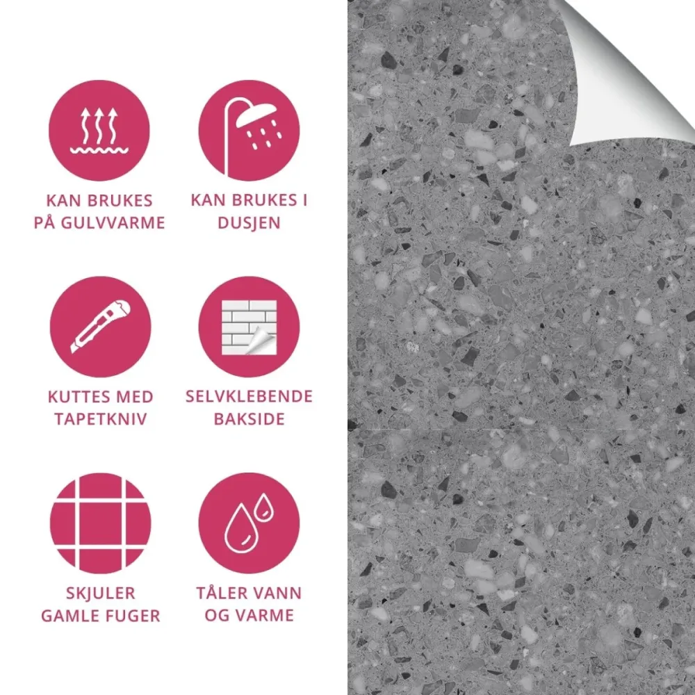 8-pk Lisboa Terrazzo grå selvklebende fliser