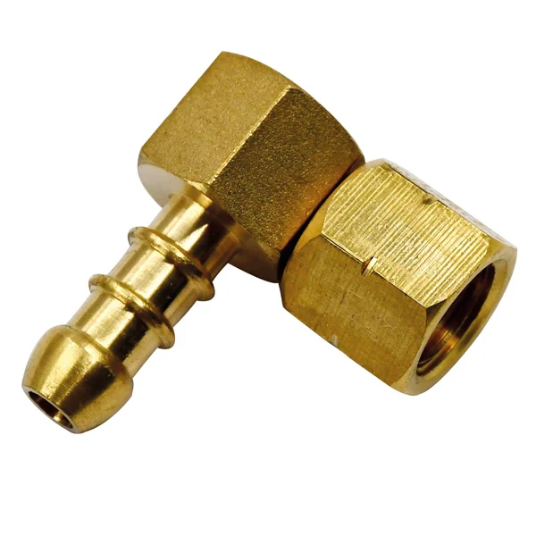 90º vinklet gasskobling 1/4" vänster til 8 mm studs, messing