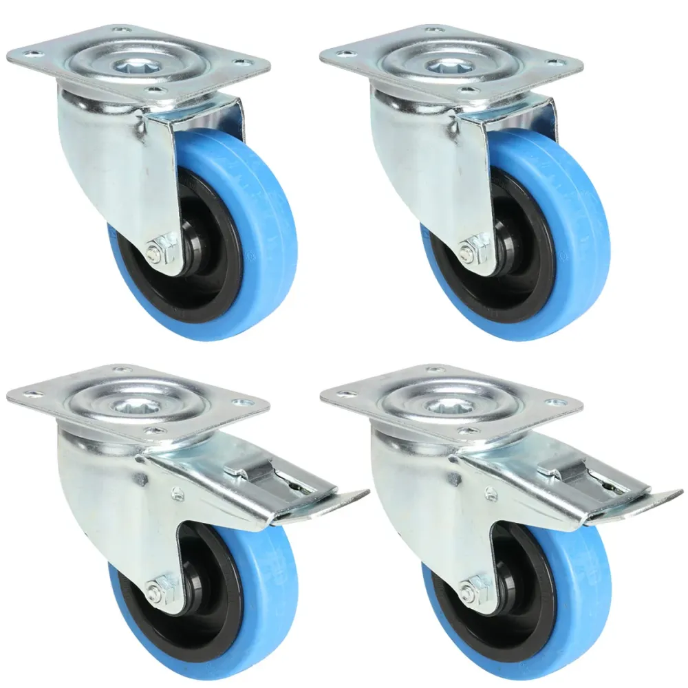 4x blå hjul 2 med og 2 uten brems (100 mm)