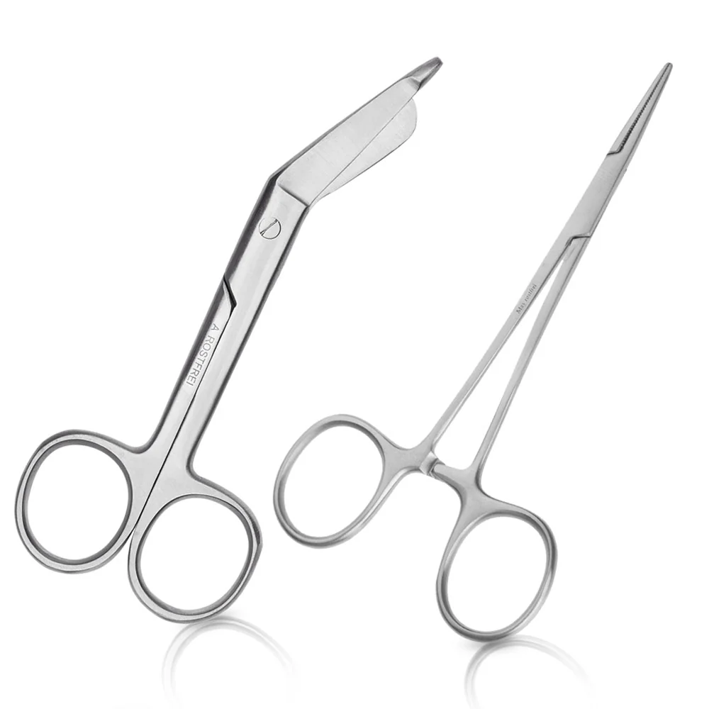 Sett - 1x allsidig saks 11,5 cm - rustfritt stål + 1x klemme med rett og rillert spiss 12,5 cm - rustfritt stål