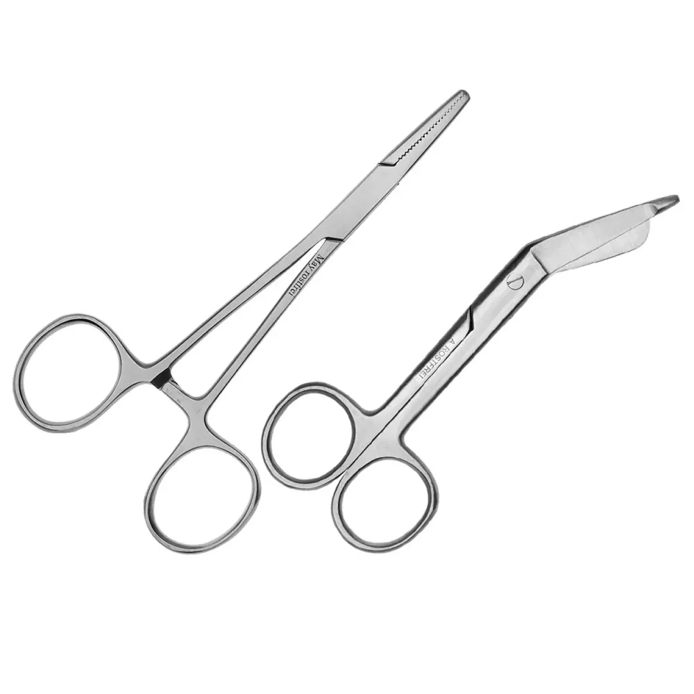 Sett - 1x universell allsidig saks 11,5 cm - rustfritt stål + 1x klemme med rett ende 13 cm - rustfritt stål