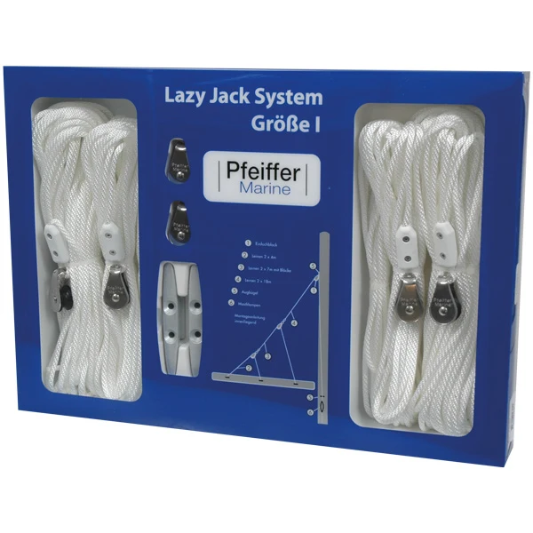 Pfeiffer, Lazy Jack system 1, opptil 30 fot, komplett med 6 klosser, kleshengere, skruer, 2 mastklosser, tau og installasj...