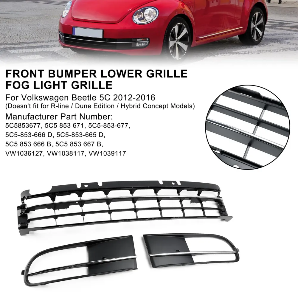 2012-2016 VW Beetle m/ Front Bumper Nedre gitter + tåkelys Grill Chrome
