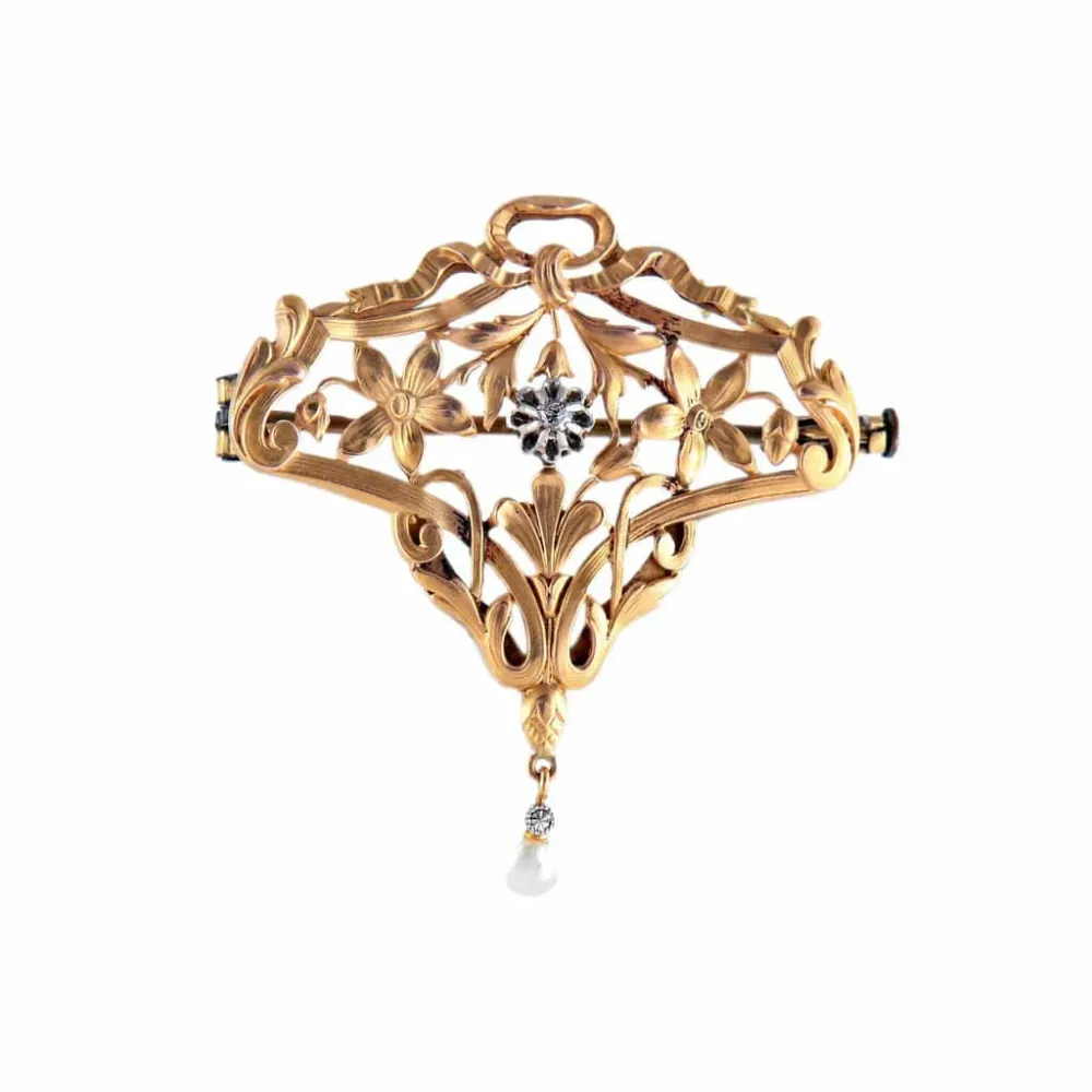 Art Nouveau brosjeanheng i gult gull