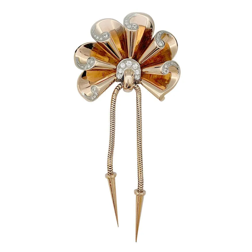 Vintage rose gull brosje, Platina og diamanter.