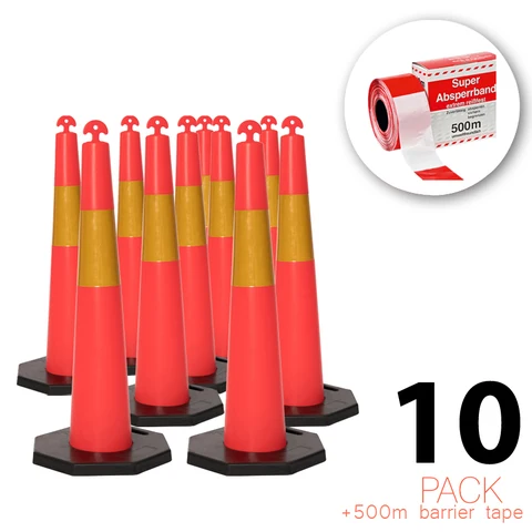 (10 pakning) Flexibarrier T-Top Trafikkjegle med 8 kg base + 500 m sperrebånd – 115 cm