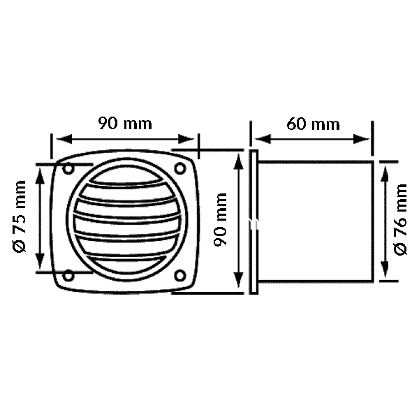 Plastventil med tapp 3" - Sort, Ø: 75 mm, 90 mm x 90 mm