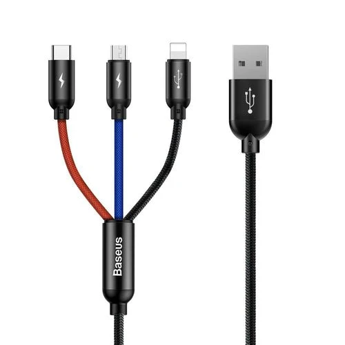 Baseus 3 i 1 USB--kabel - micro USB/Lightning/USB-C, 1,2 m, svart