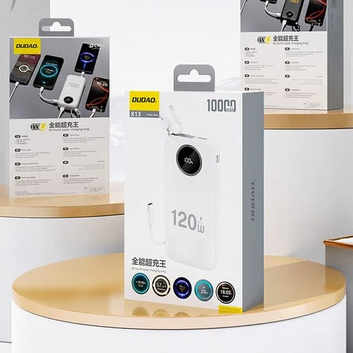 Dudao K13 10 000 mAh eksternt batteri, integrert kabel - hvit